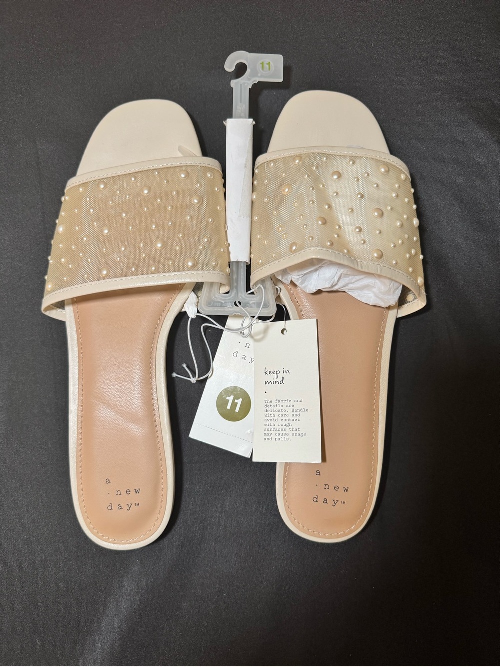Cream Pearl-Embellished Slide Sandals size 11